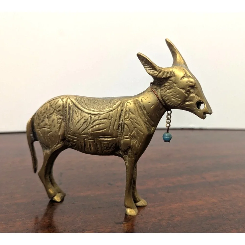 Vintage Brass Donkey Mule Figurine Engraved Saddle Turquoise Bead 5 Inch Decor